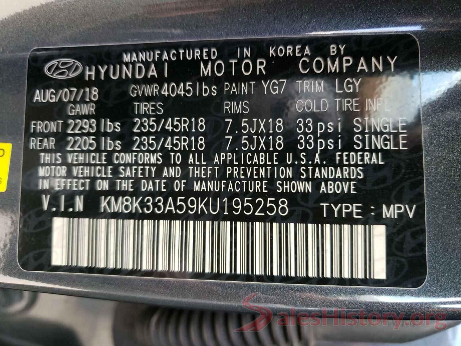 KM8K33A59KU195258 2019 HYUNDAI KONA