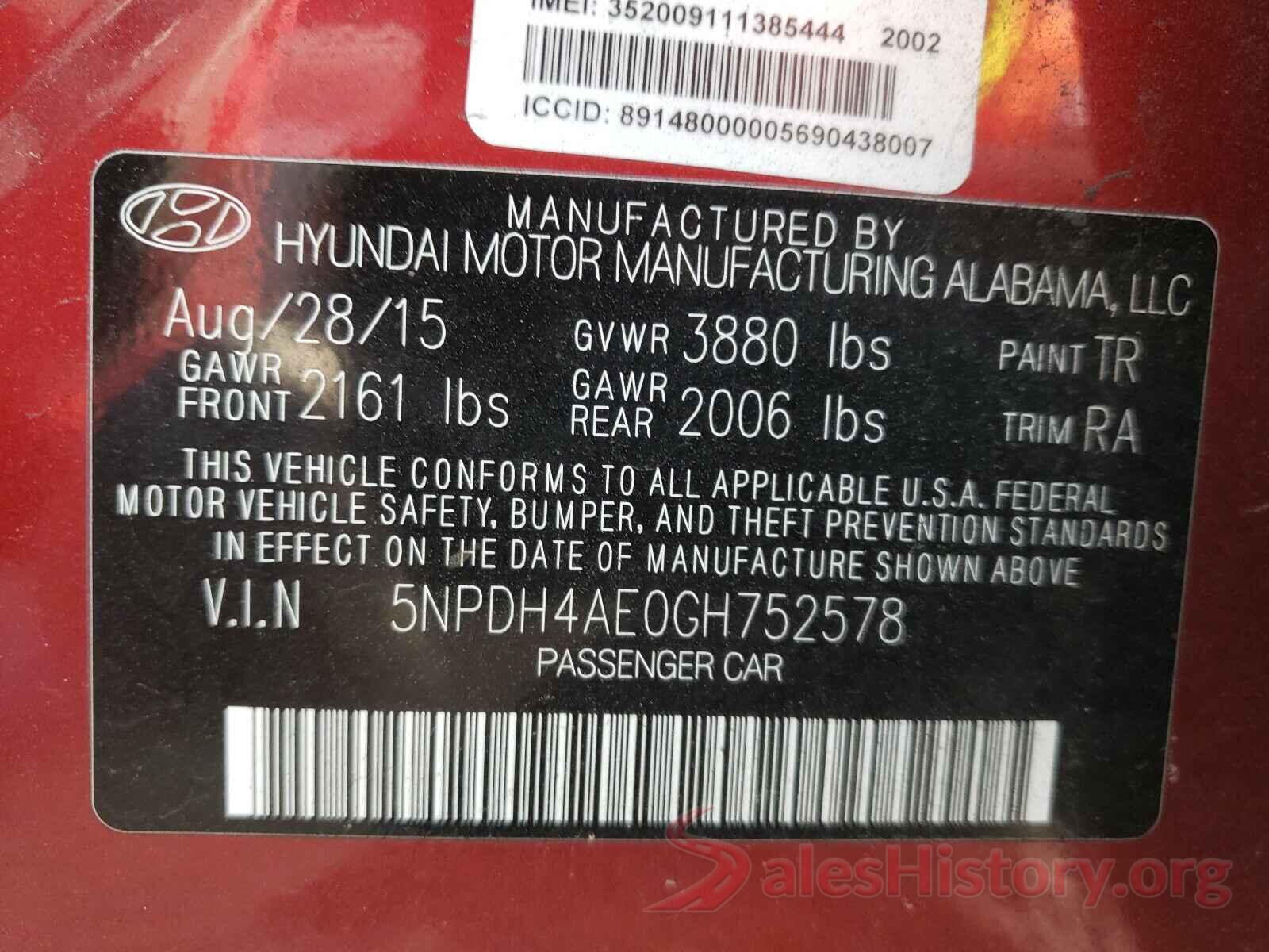 5NPDH4AE0GH752578 2016 HYUNDAI ELANTRA