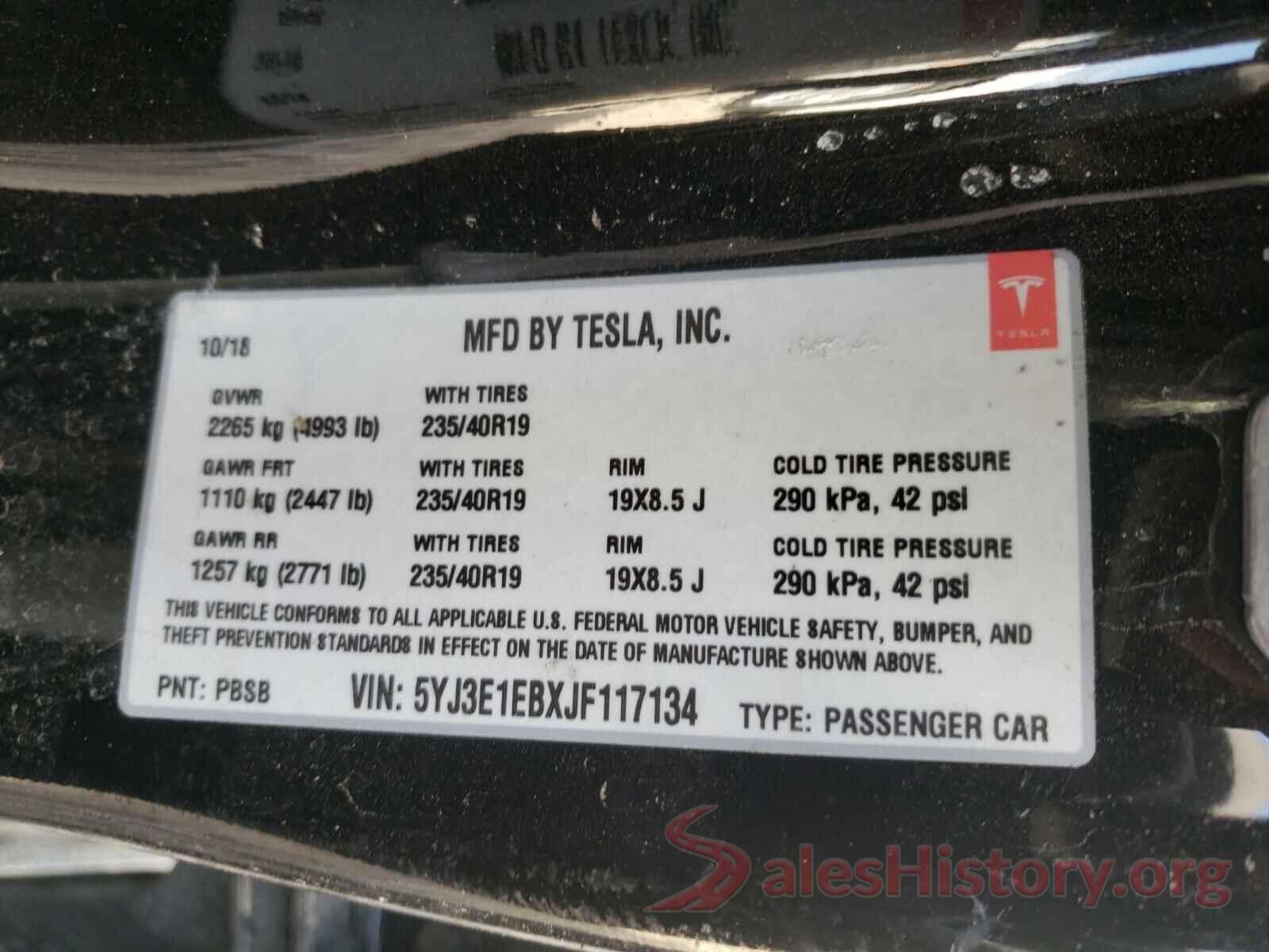 5YJ3E1EBXJF117134 2018 TESLA MODEL 3