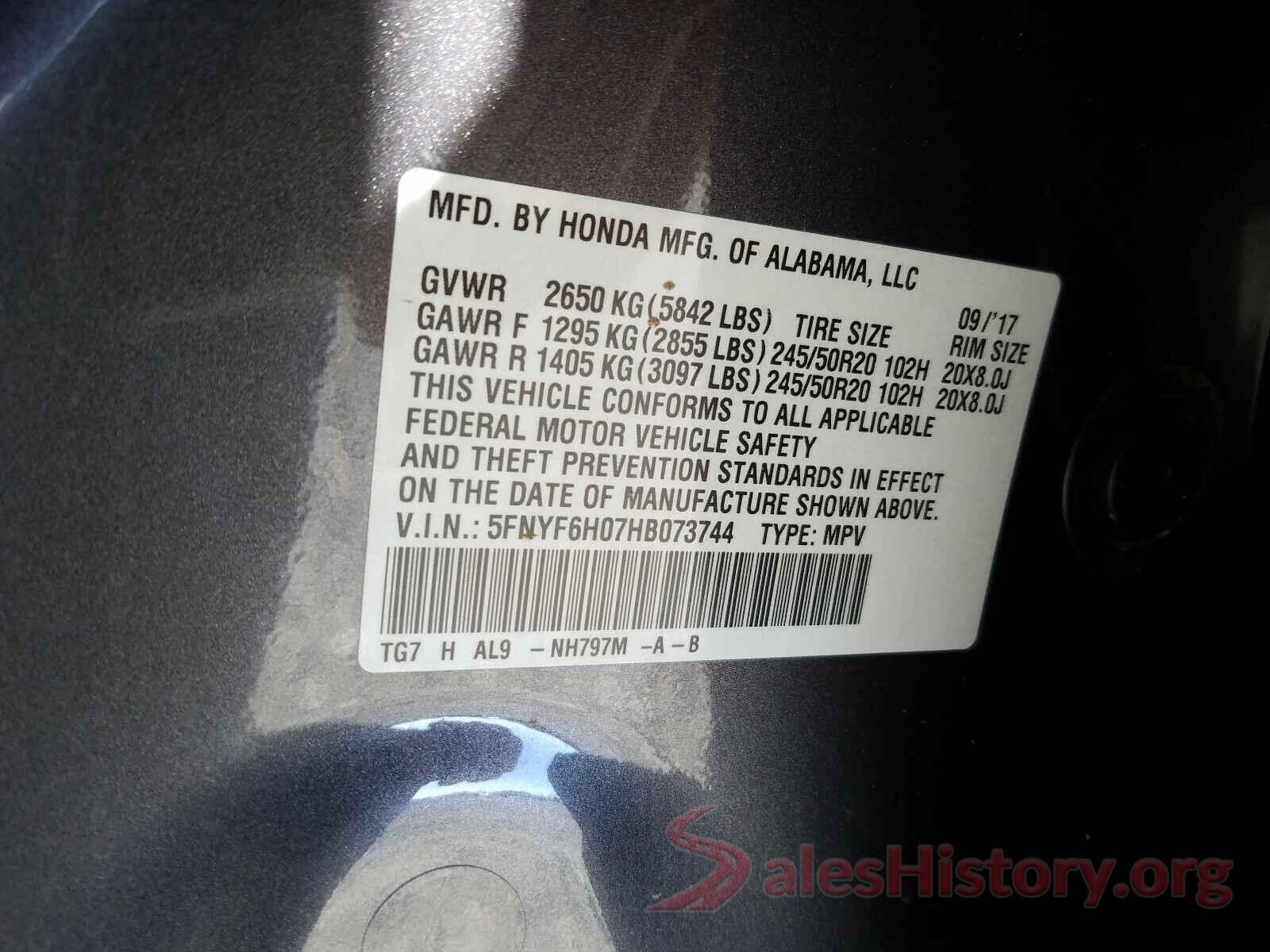 5FNYF6H07HB073744 2017 HONDA PILOT