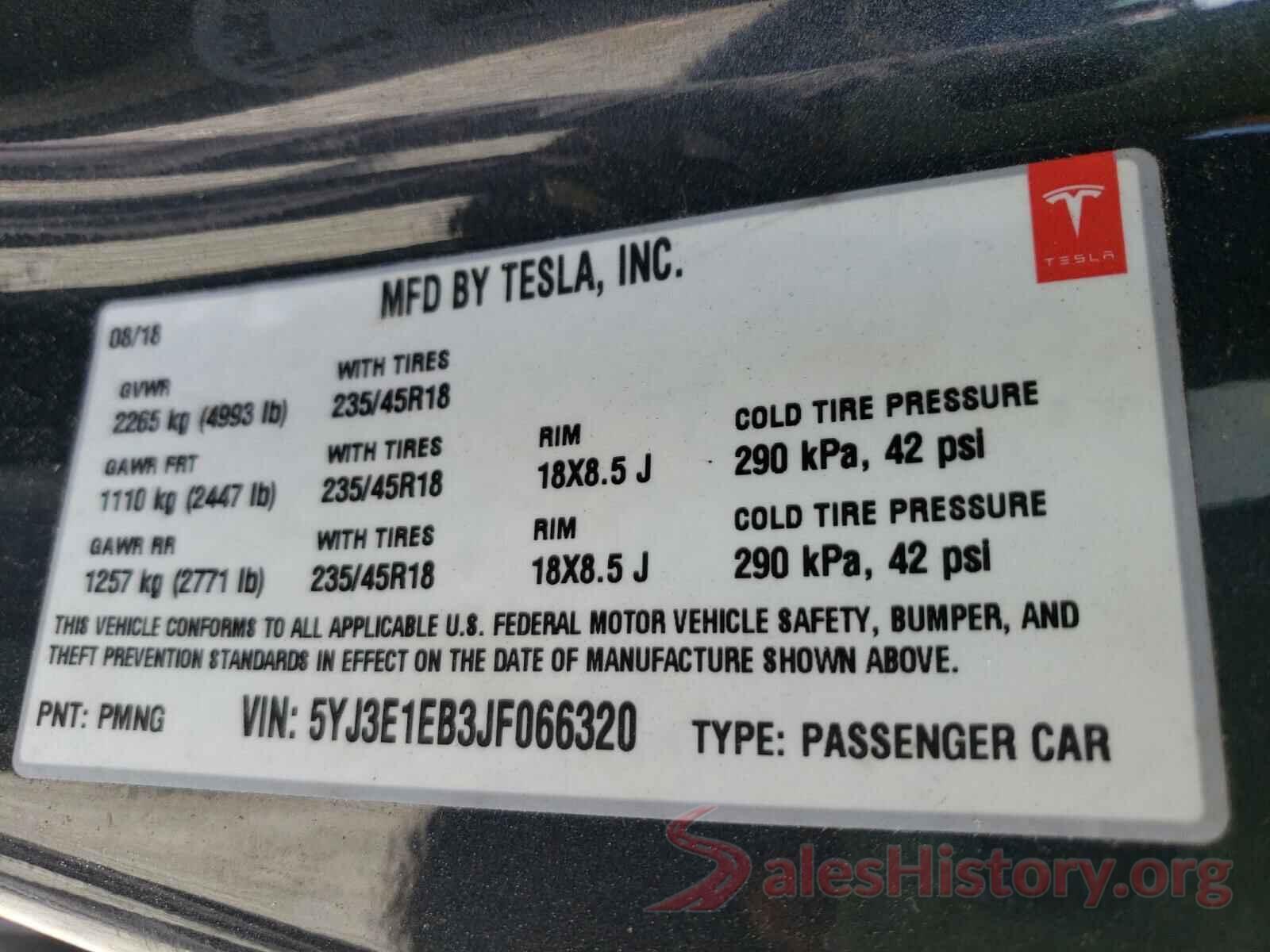 5YJ3E1EB3JF066320 2018 TESLA MODEL 3