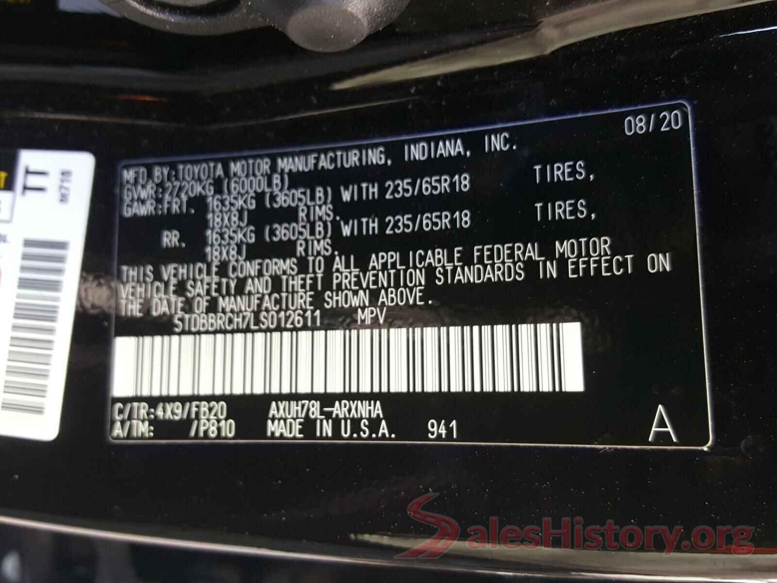 5TDBBRCH7LS012611 2020 TOYOTA HIGHLANDER