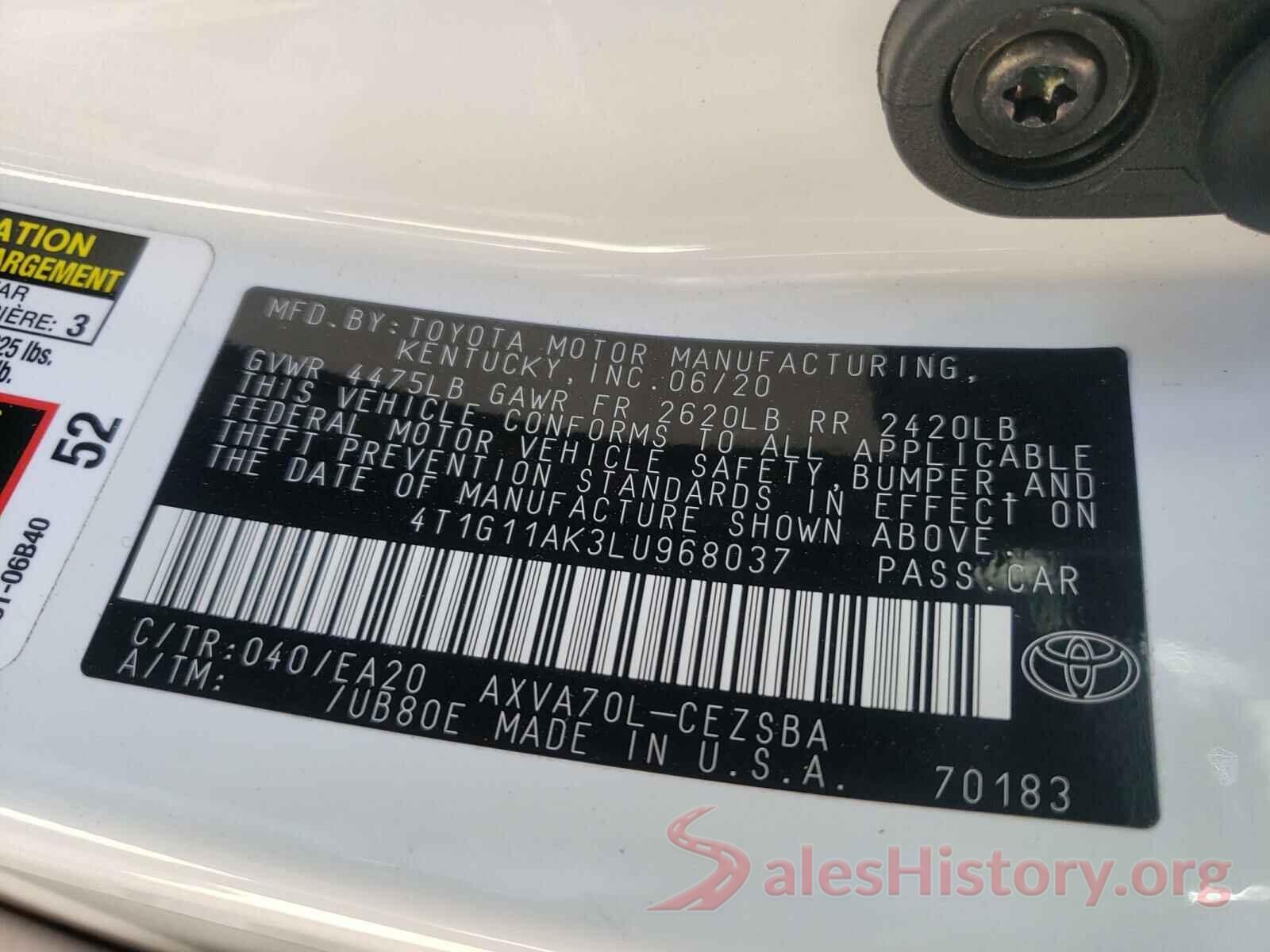 4T1G11AK3LU968037 2020 TOYOTA CAMRY