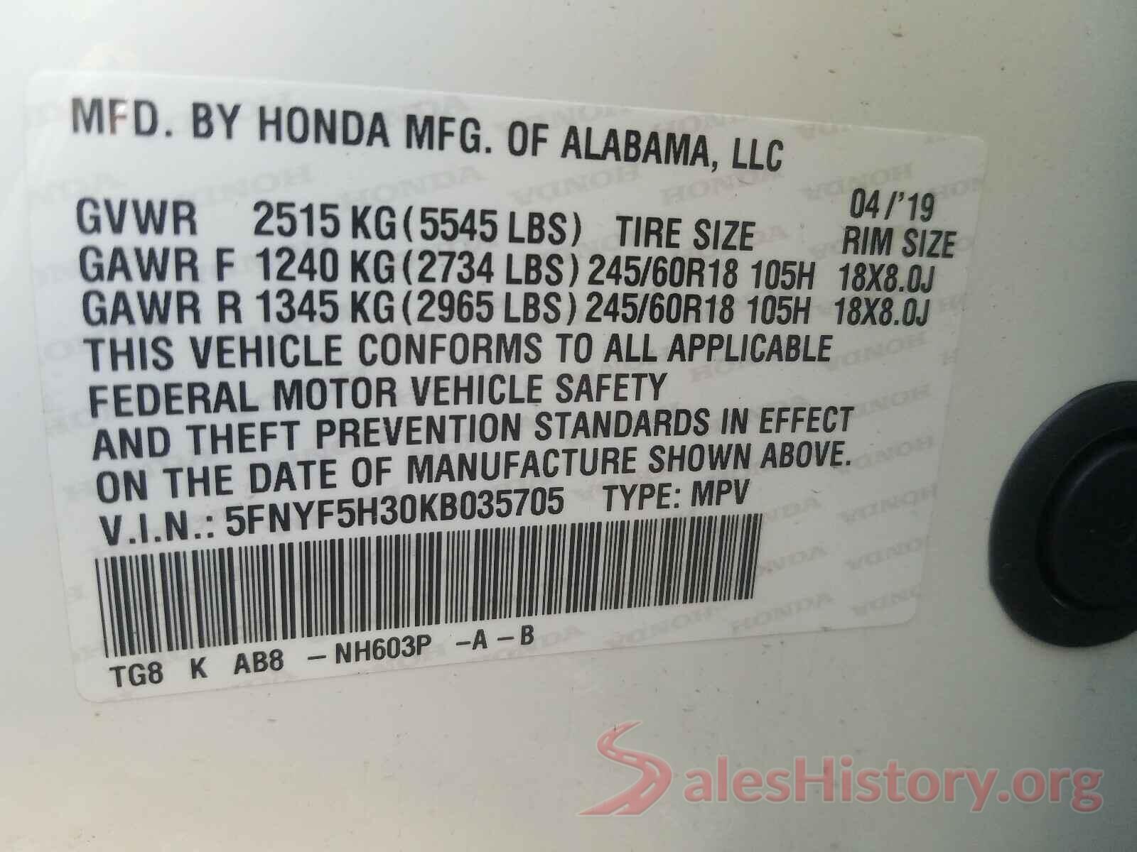 5FNYF5H30KB035705 2019 HONDA PILOT