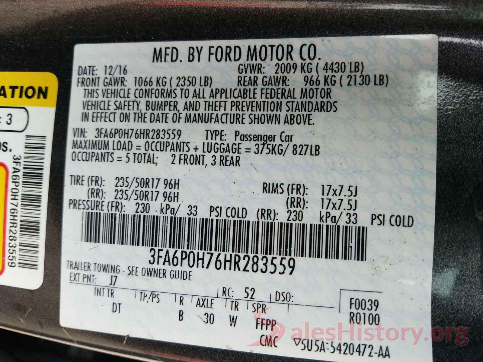 3FA6P0H76HR283559 2017 FORD FUSION