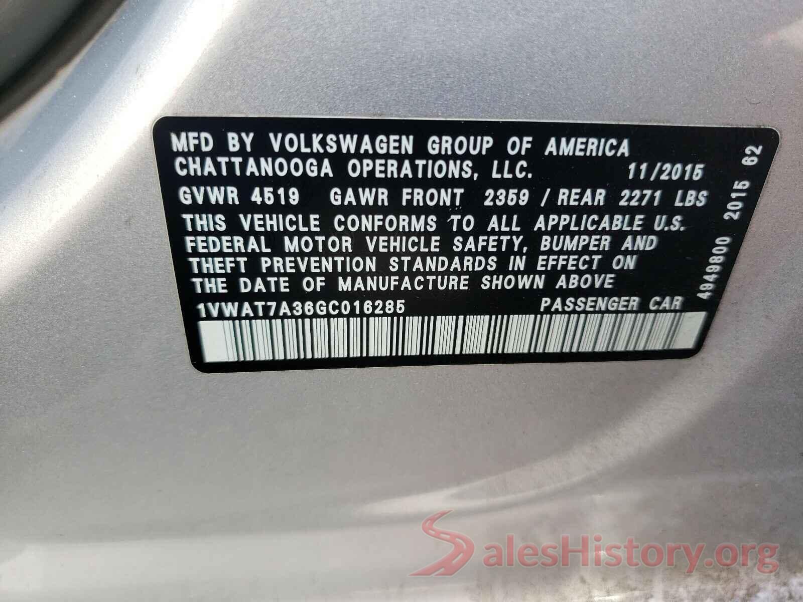 1VWAT7A36GC016285 2016 VOLKSWAGEN PASSAT