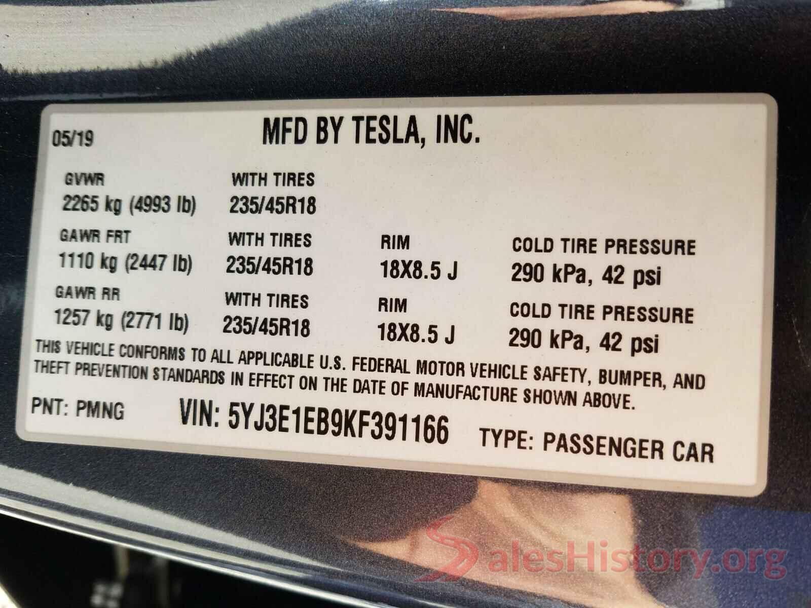 5YJ3E1EB9KF391166 2019 TESLA MODEL 3