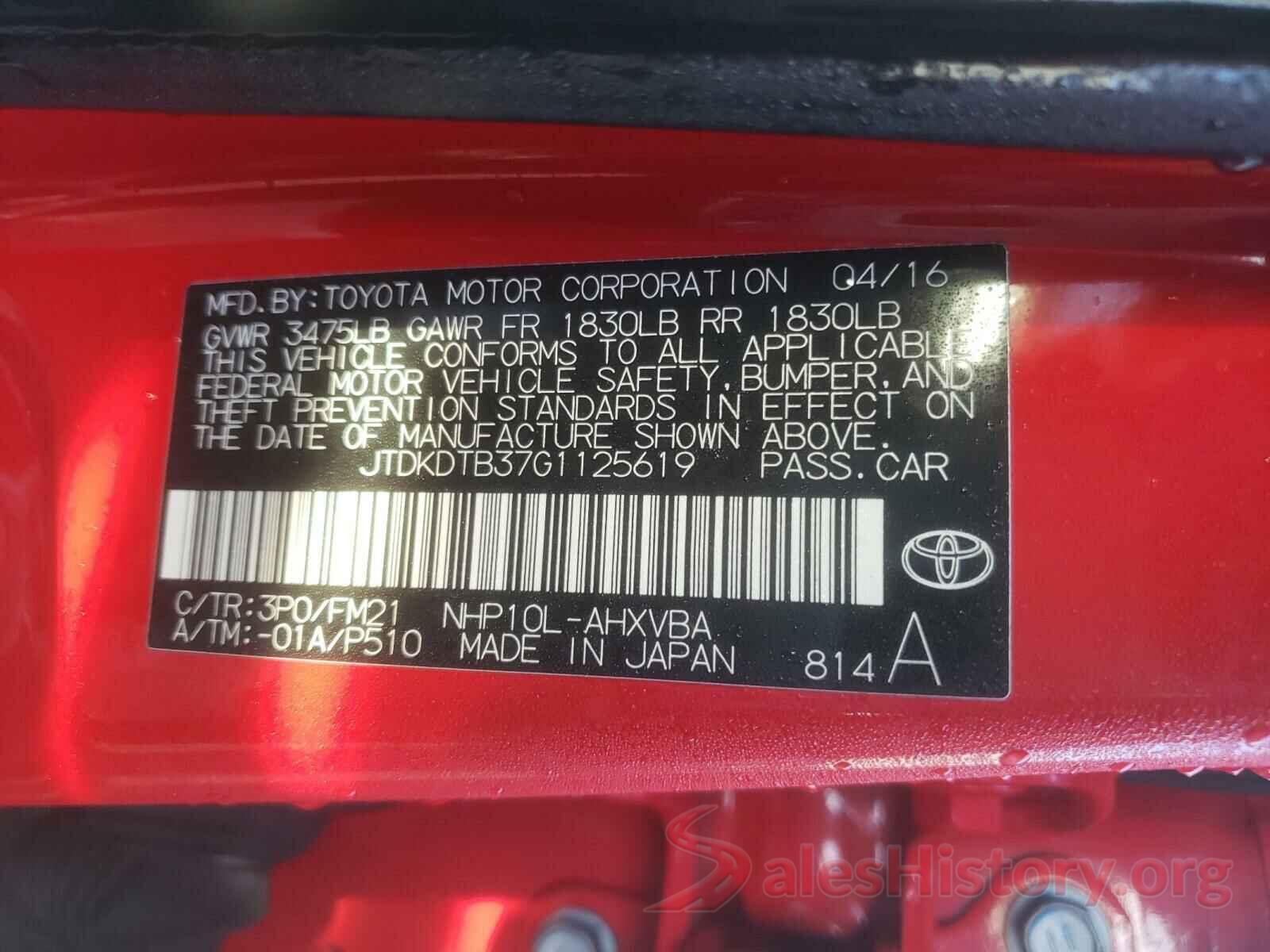 JTDKDTB37G1125619 2016 TOYOTA PRIUS