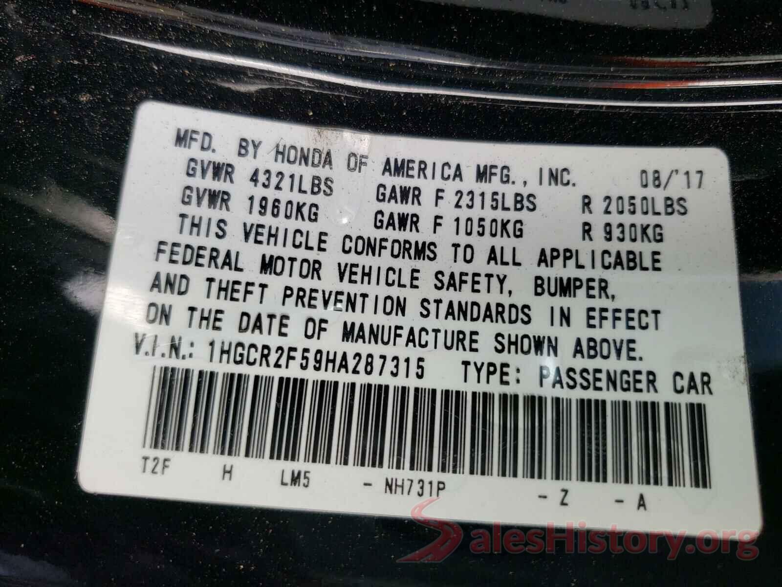 1HGCR2F59HA287315 2017 HONDA ACCORD