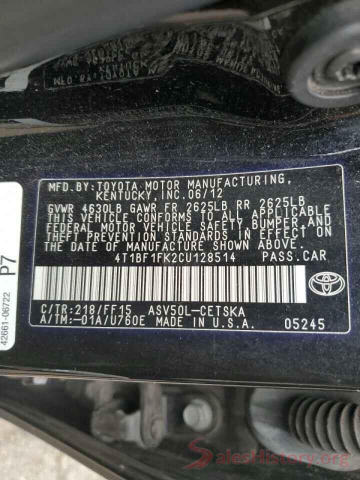 4T1BF1FK2CU128514 2012 TOYOTA CAMRY