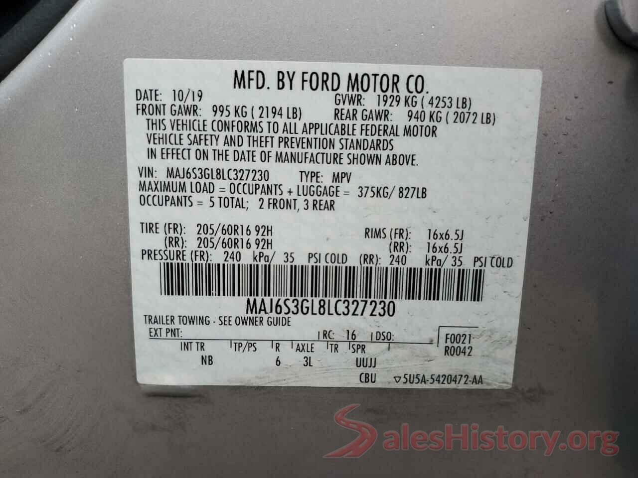 MAJ6S3GL8LC327230 2020 FORD ECOSPORT