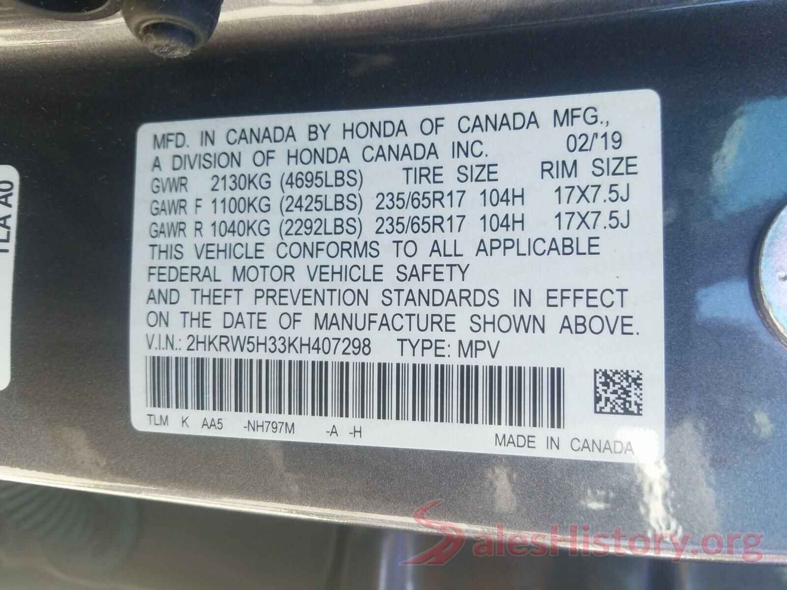 2HKRW5H33KH407298 2019 HONDA CRV