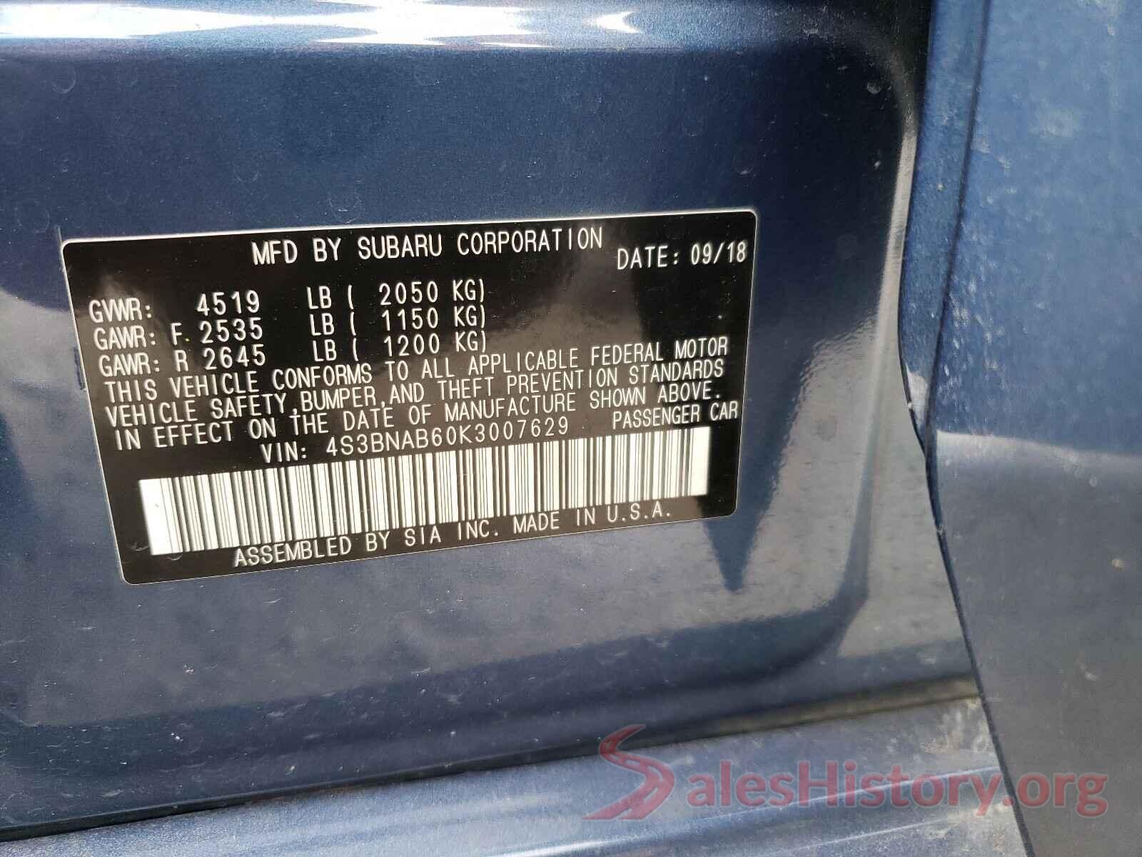 4S3BNAB60K3007629 2019 SUBARU LEGACY