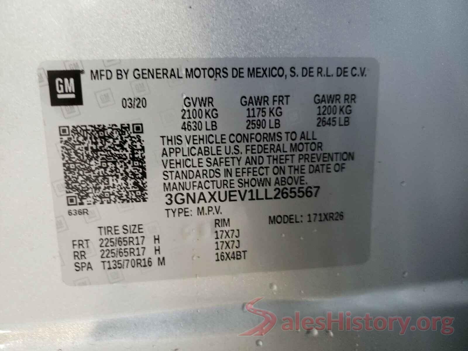 3GNAXUEV1LL265567 2020 CHEVROLET EQUINOX