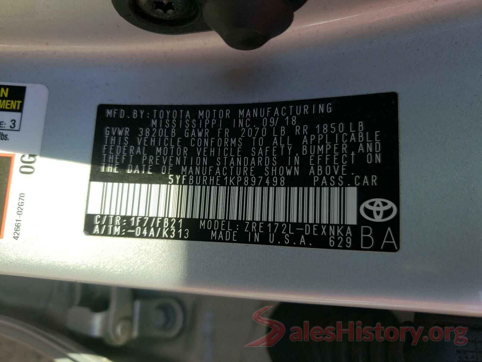 5YFBURHE1KP897498 2019 TOYOTA COROLLA