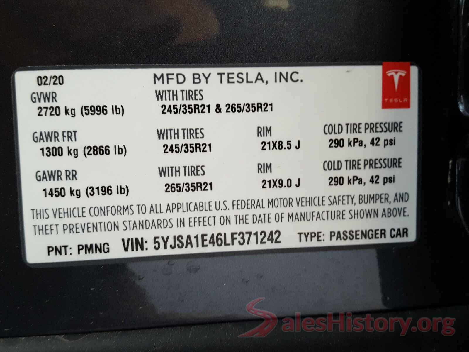 5YJSA1E46LF371242 2020 TESLA MODEL S