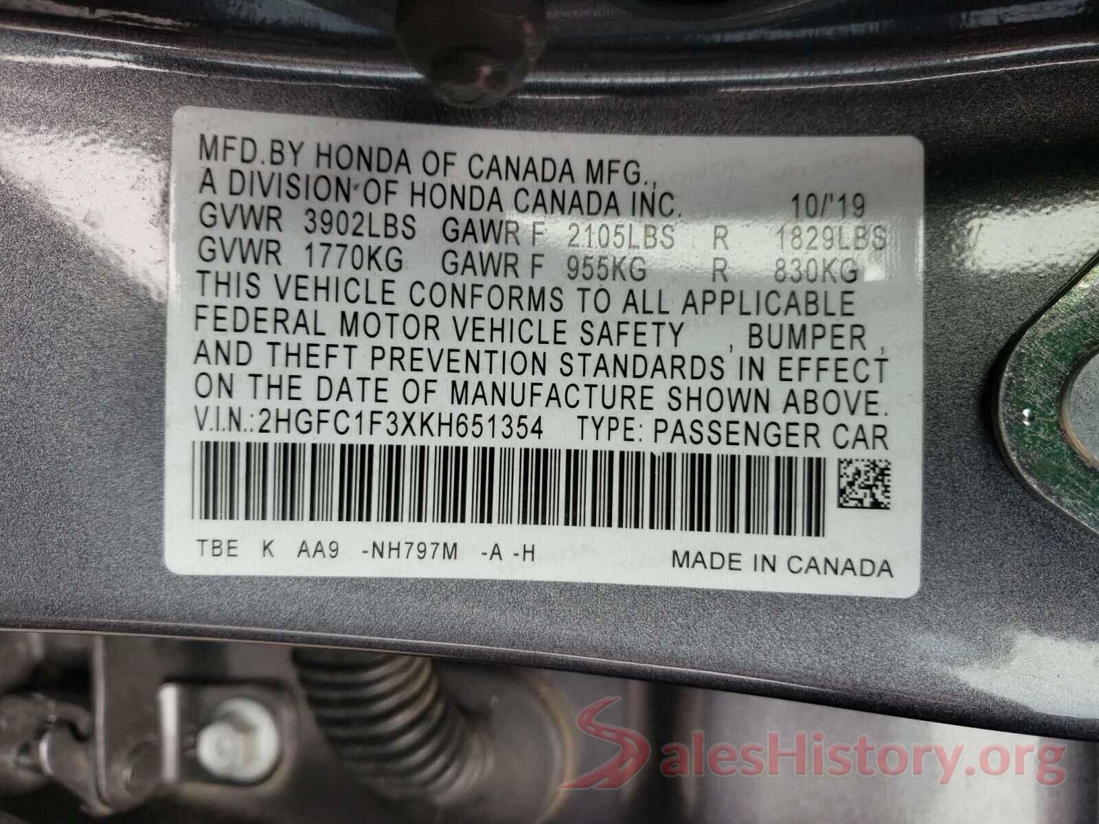 2HGFC1F3XKH651354 2019 HONDA CIVIC