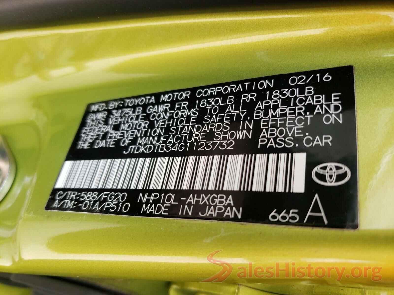 JTDKDTB34G1123732 2016 TOYOTA PRIUS