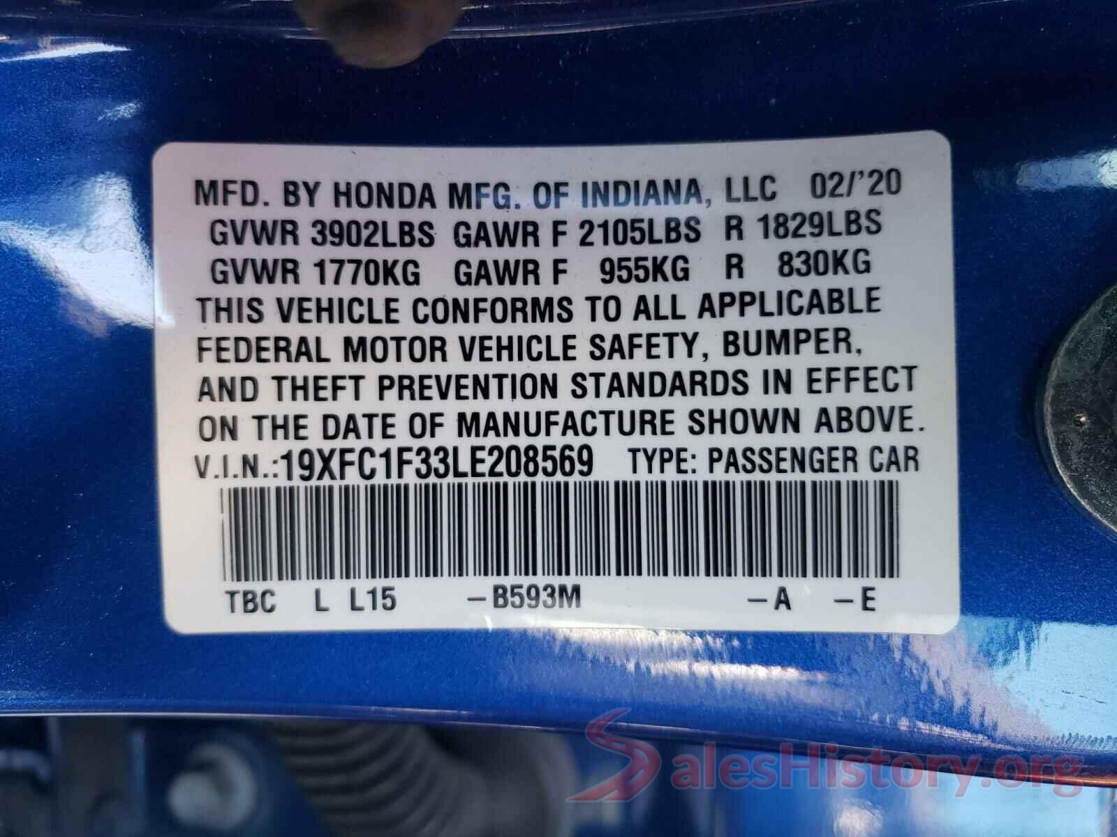 19XFC1F33LE208569 2020 HONDA CIVIC