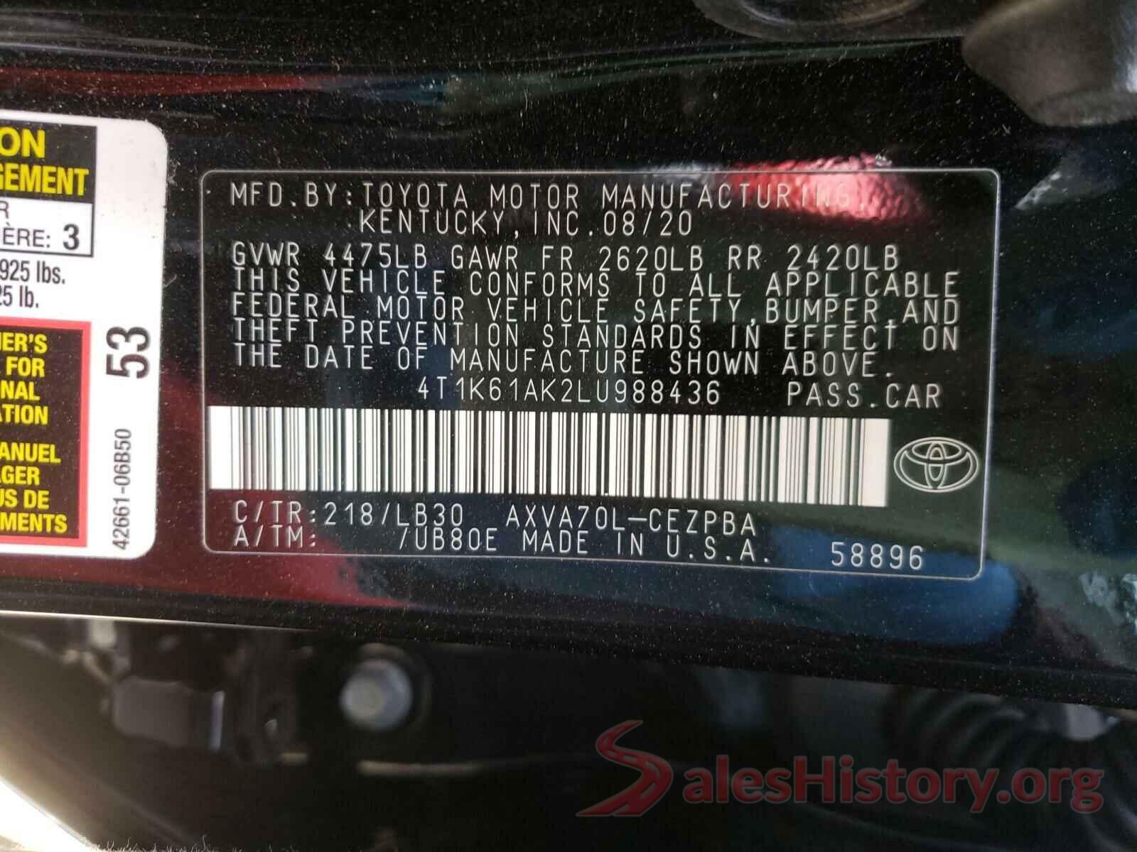 4T1K61AK2LU988436 2020 TOYOTA CAMRY