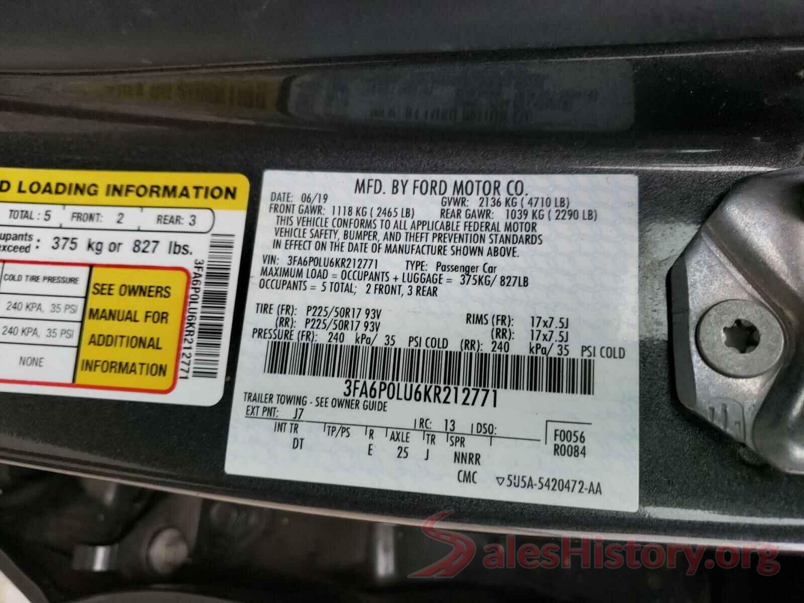 3FA6P0LU6KR212771 2019 FORD FUSION