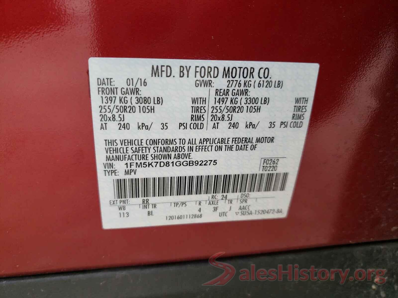 1FM5K7D81GGB92275 2016 FORD EXPLORER