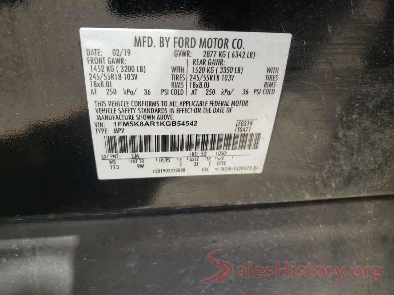 1FM5K8AR1KGB54542 2019 FORD EXPLORER