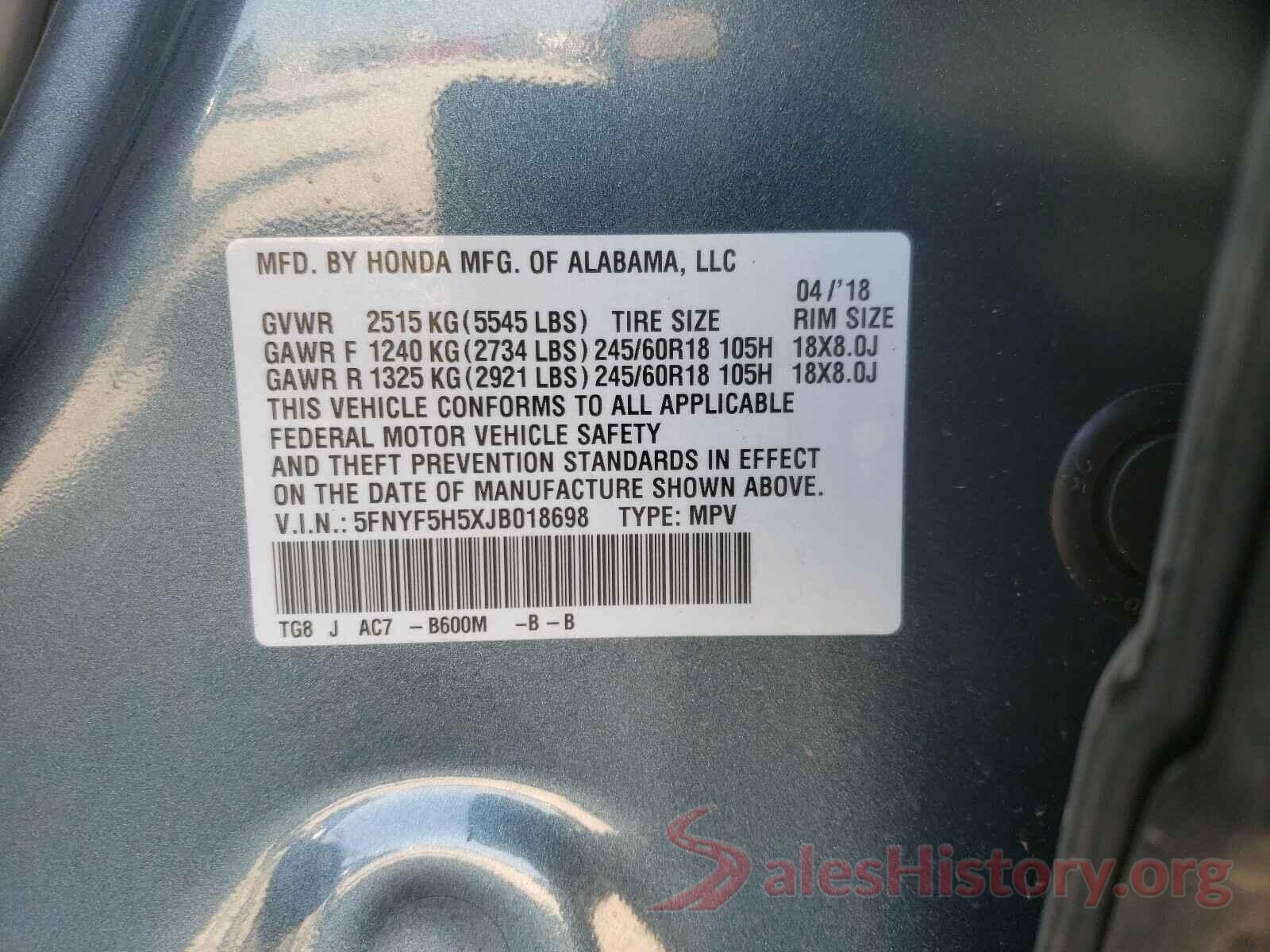 5FNYF5H5XJB018698 2018 HONDA PILOT