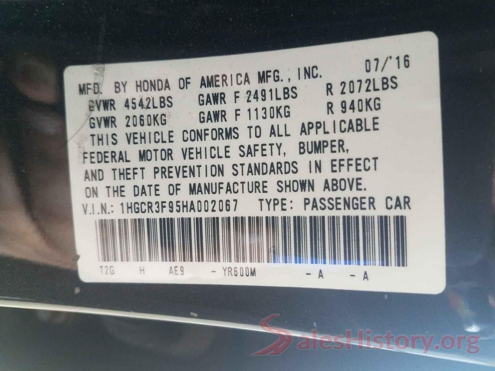 1HGCR3F95HA002067 2017 HONDA ACCORD