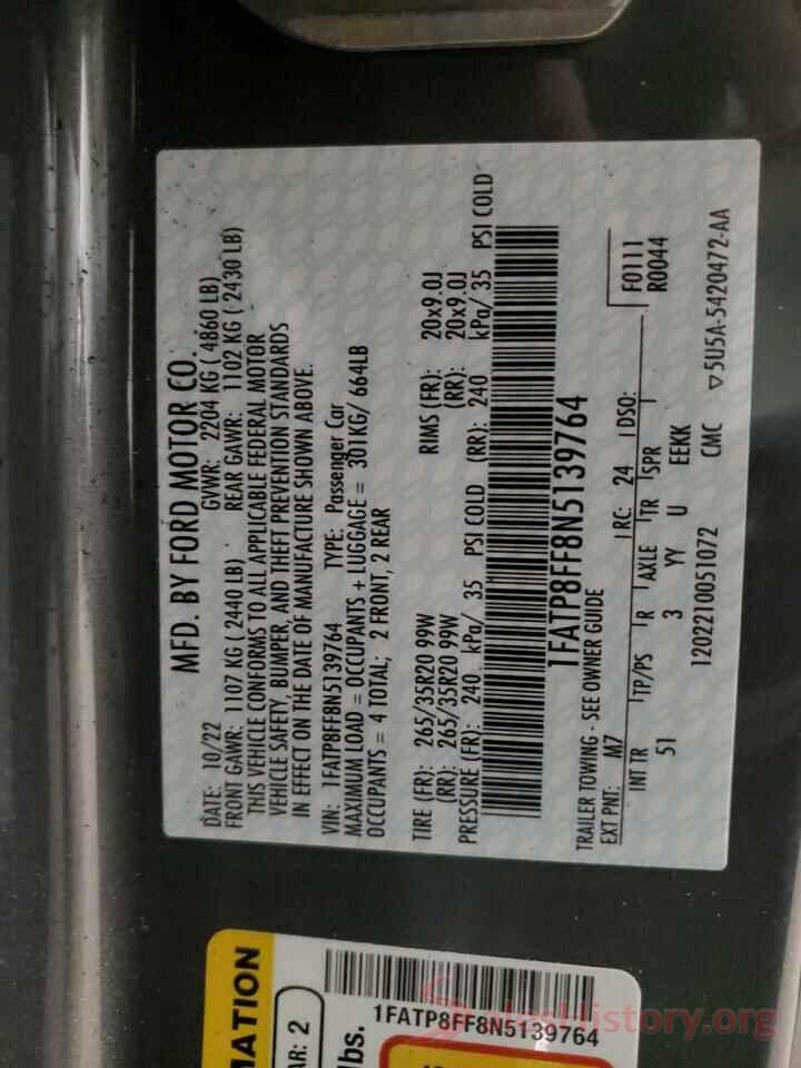 1FATP8FF8N5139764 2022 FORD MUSTANG