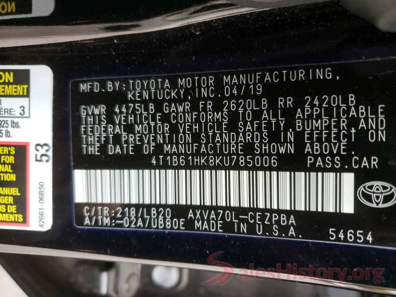 4T1B61HK8KU785006 2019 TOYOTA CAMRY