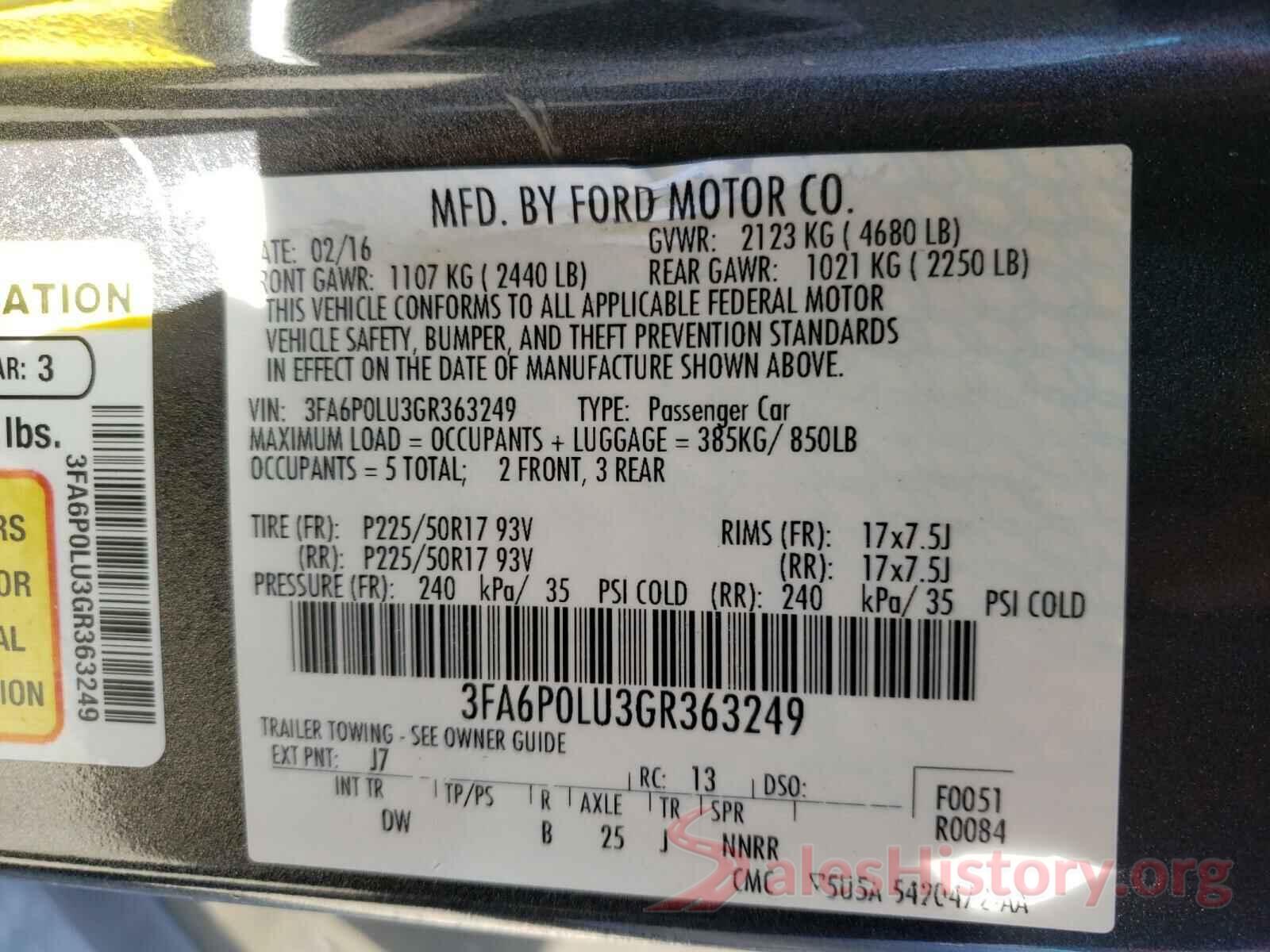 3FA6P0LU3GR363249 2016 FORD FUSION