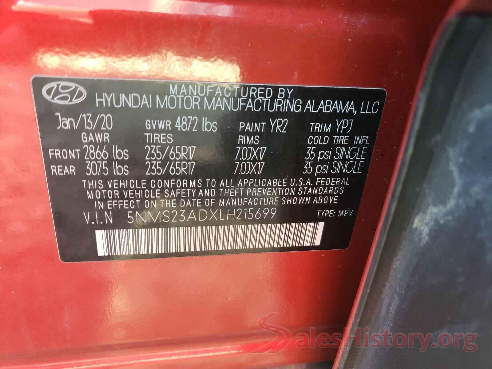 5NMS23ADXLH215699 2020 HYUNDAI SANTA FE