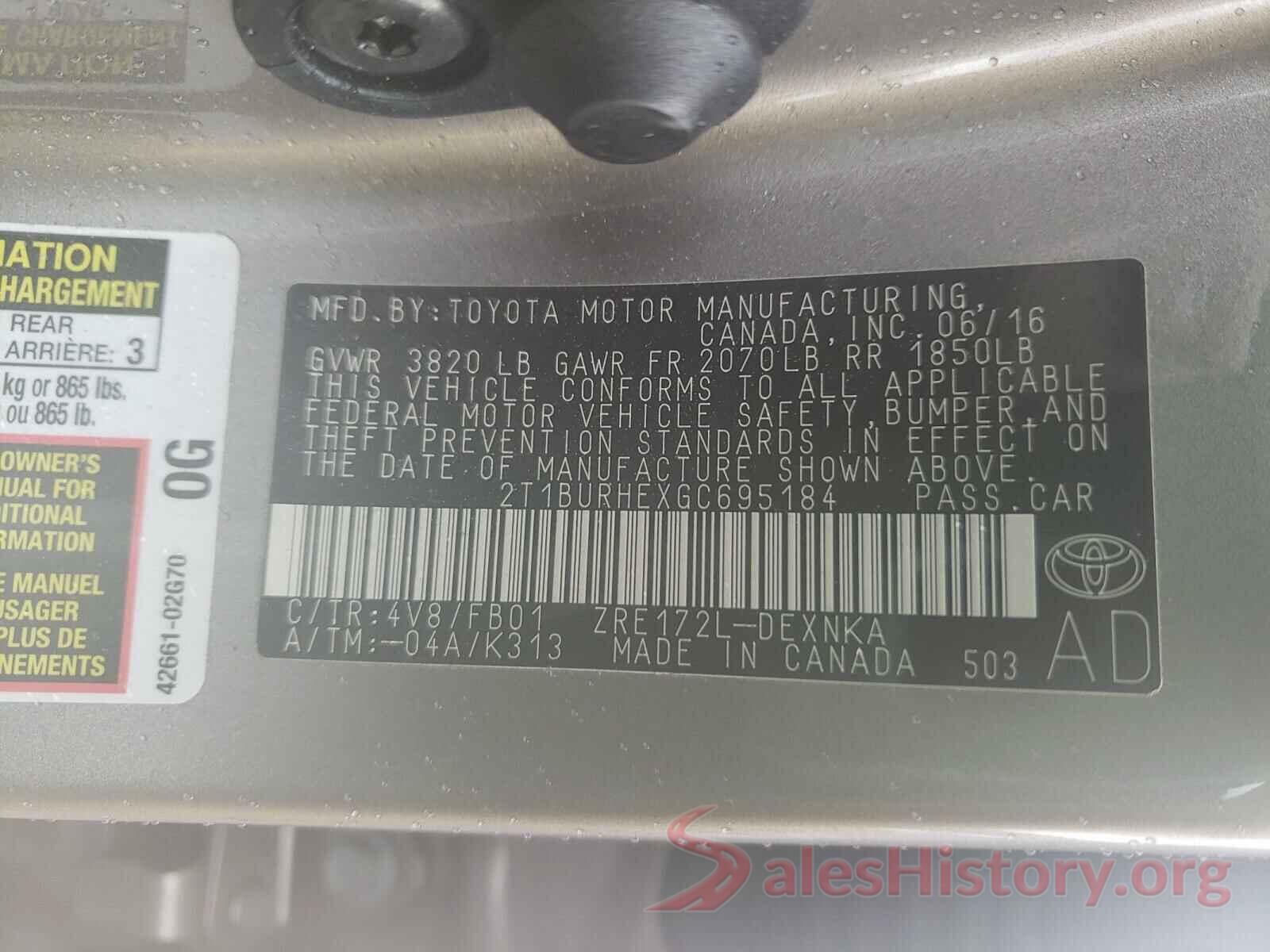 2T1BURHEXGC695184 2016 TOYOTA COROLLA