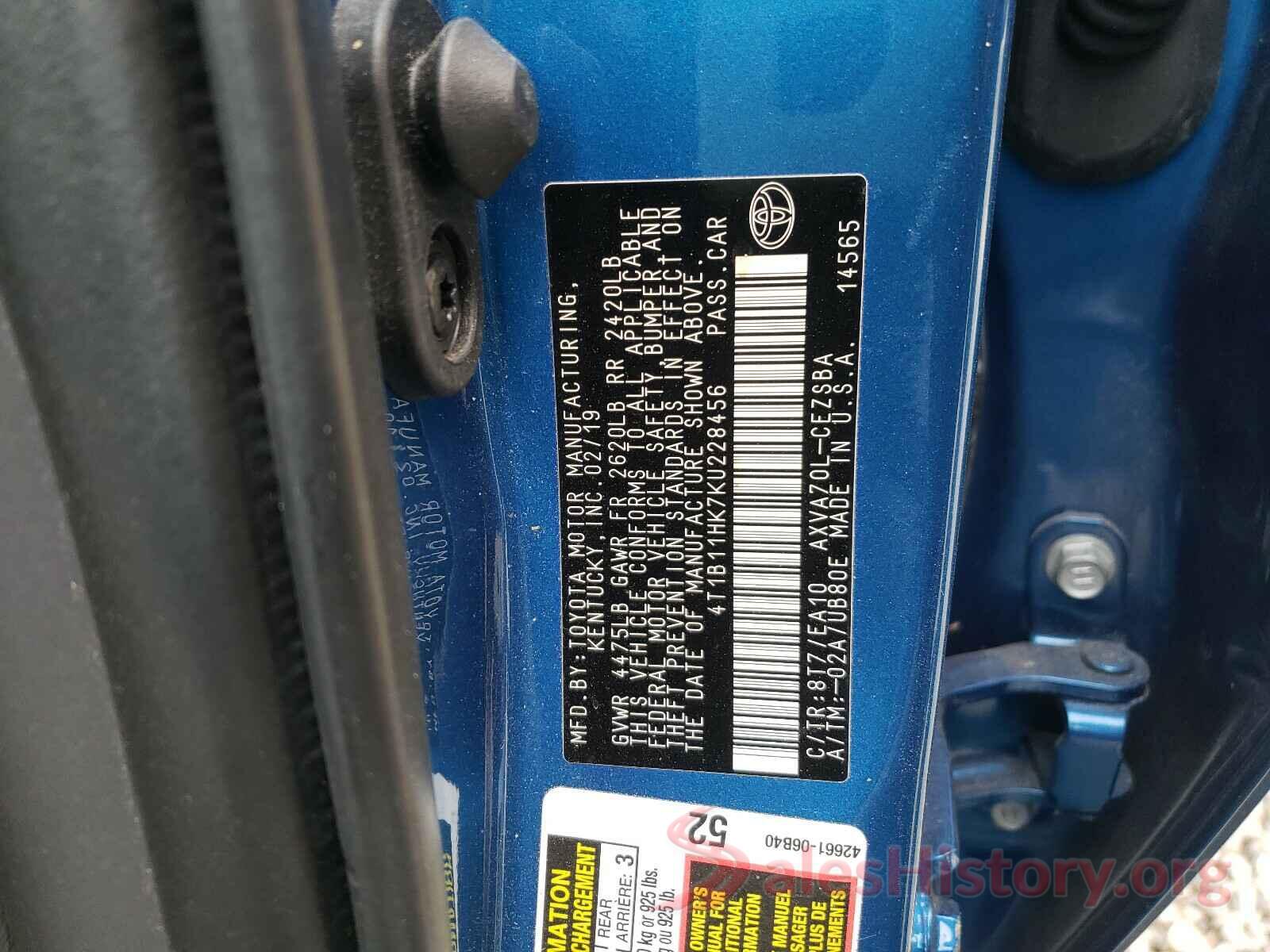 4T1B11HK7KU228456 2019 TOYOTA CAMRY