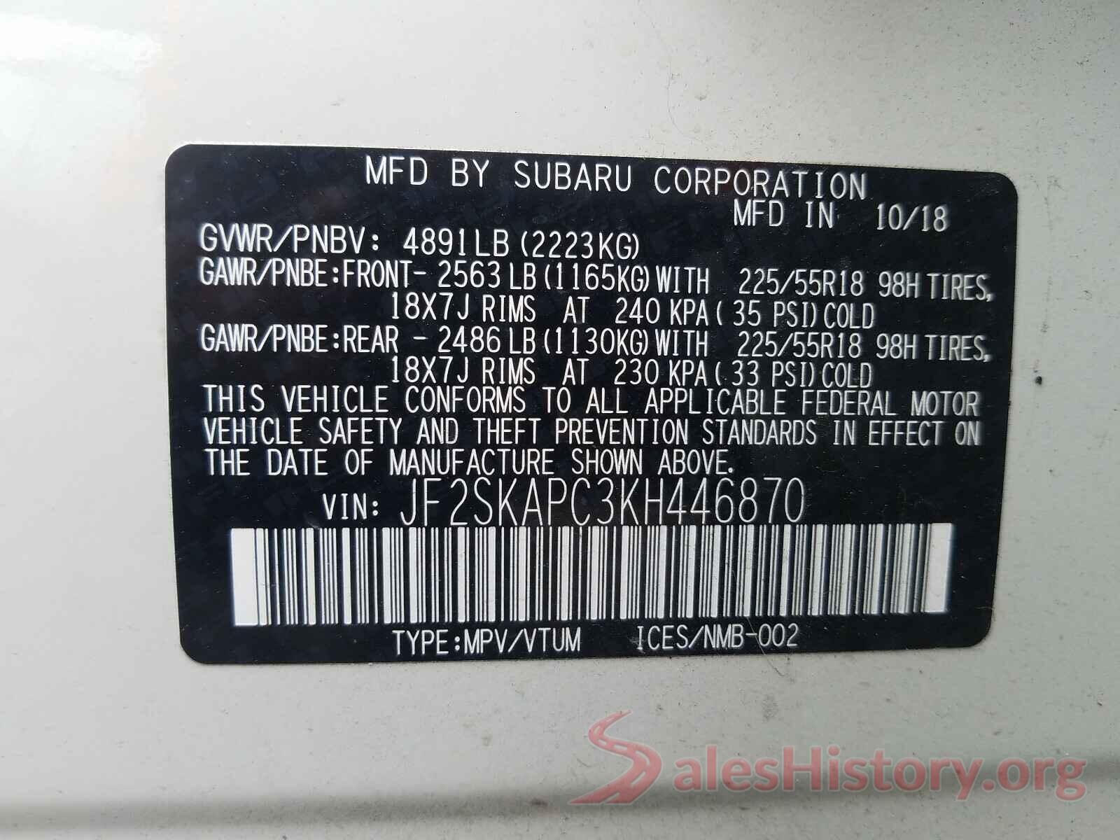 JF2SKAPC3KH446870 2019 SUBARU FORESTER