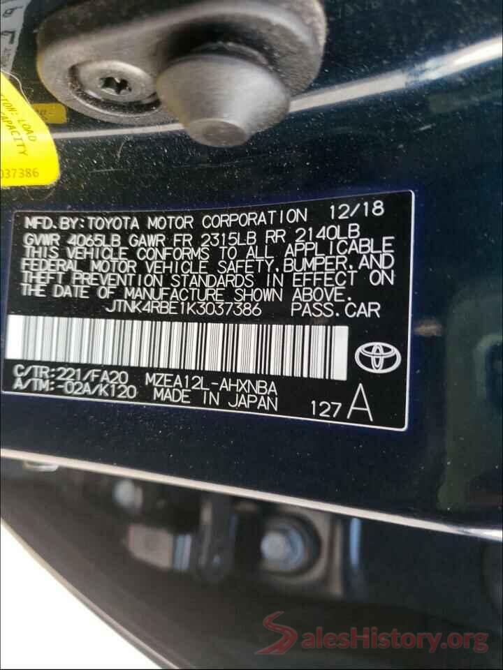 JTNK4RBE1K3037386 2019 TOYOTA COROLLA