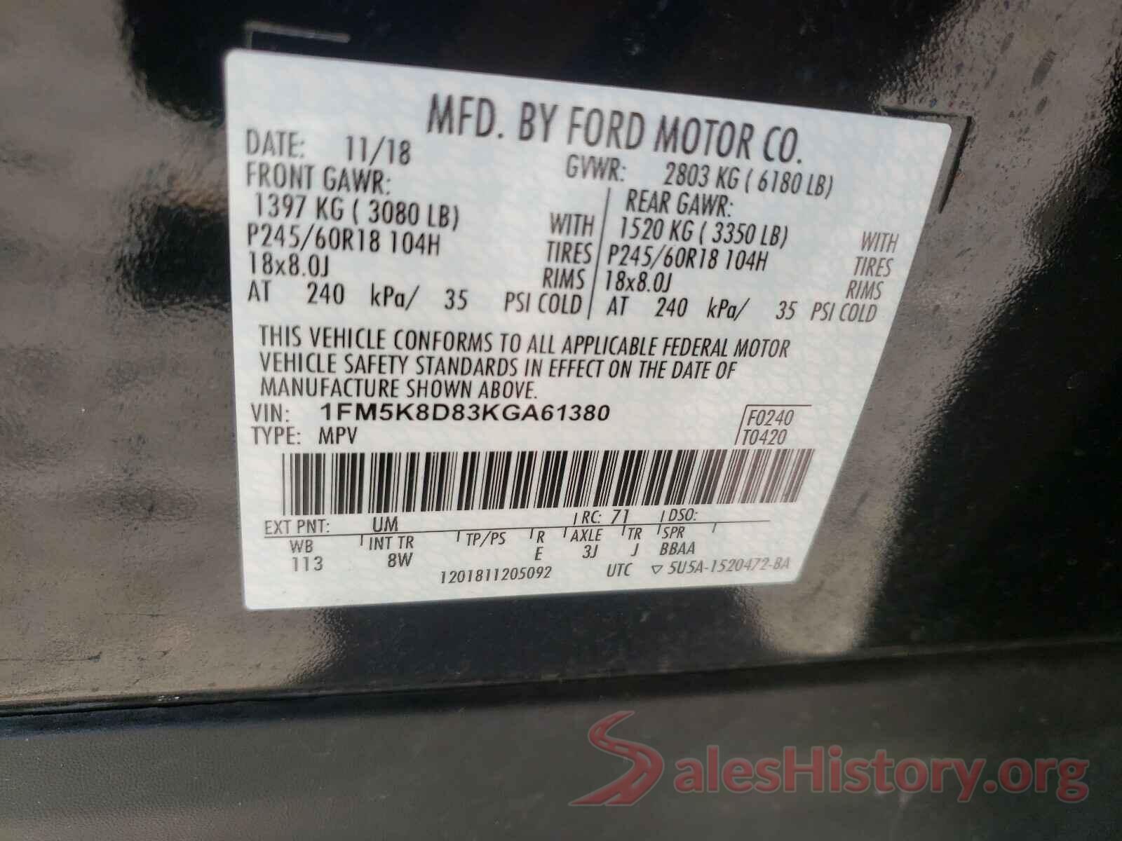 1FM5K8D83KGA61380 2019 FORD EXPLORER