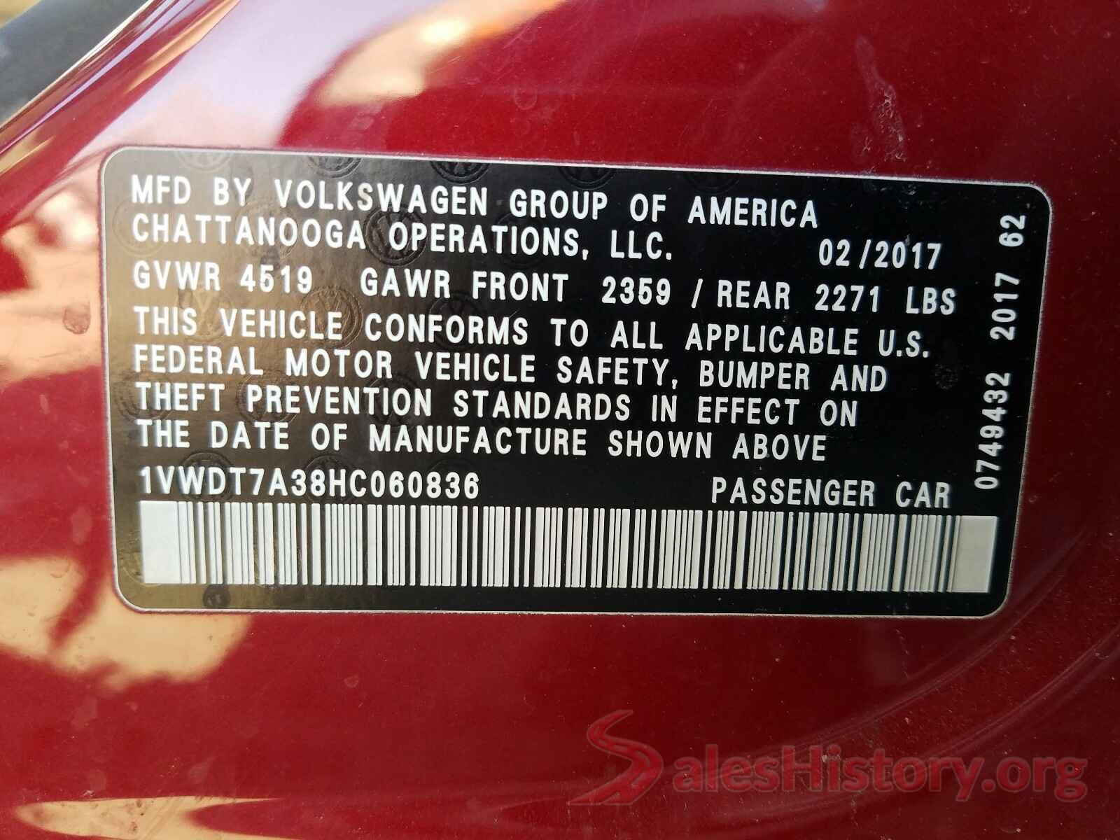 1VWDT7A38HC060836 2017 VOLKSWAGEN PASSAT