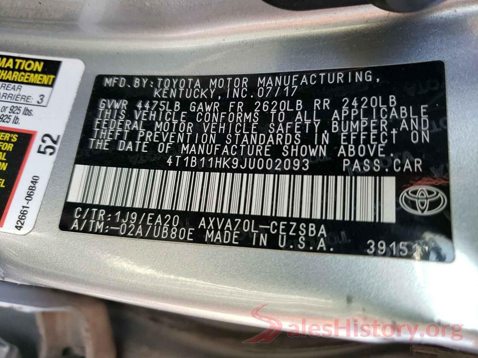 4T1B11HK9JU002093 2018 TOYOTA CAMRY