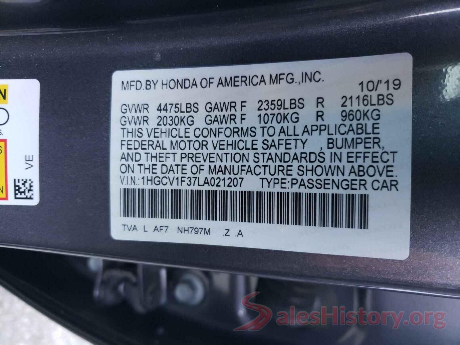 1HGCV1F37LA021207 2020 HONDA ACCORD