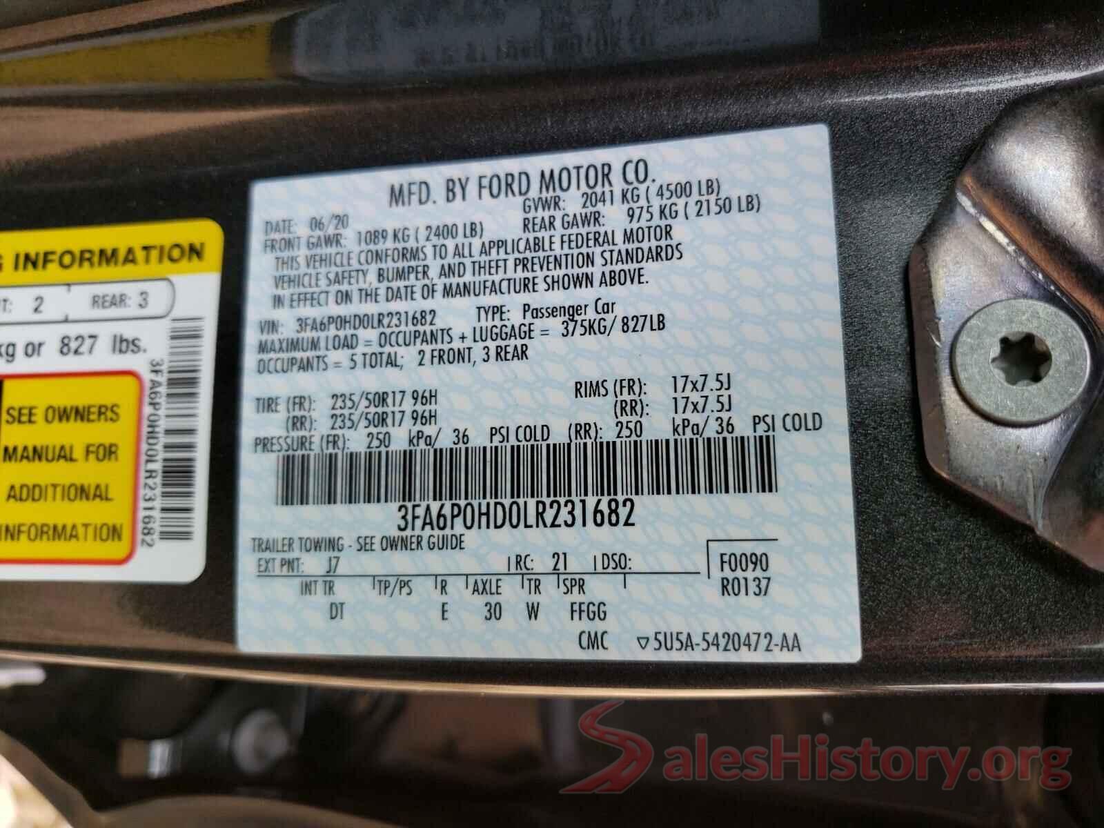 3FA6P0HD0LR231682 2020 FORD FUSION