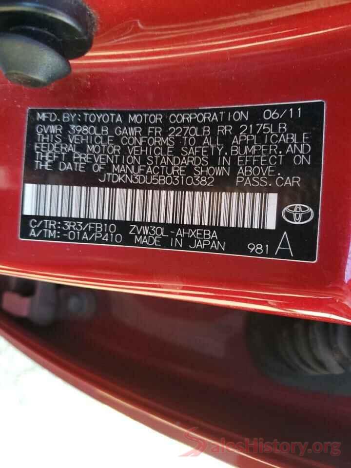 JTDKN3DU5B0310382 2011 TOYOTA PRIUS