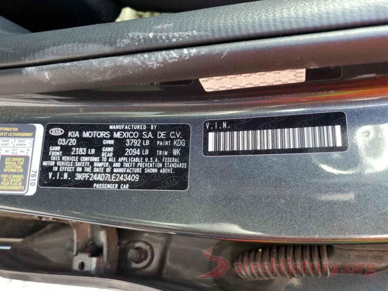 3KPF24AD7LE243409 2020 KIA FORTE