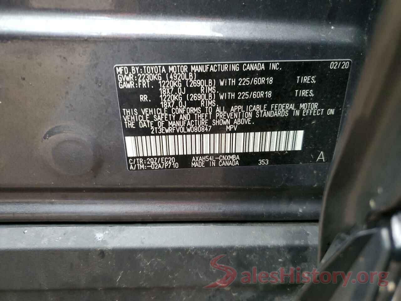 2T3EWRFV0LW080847 2020 TOYOTA RAV4