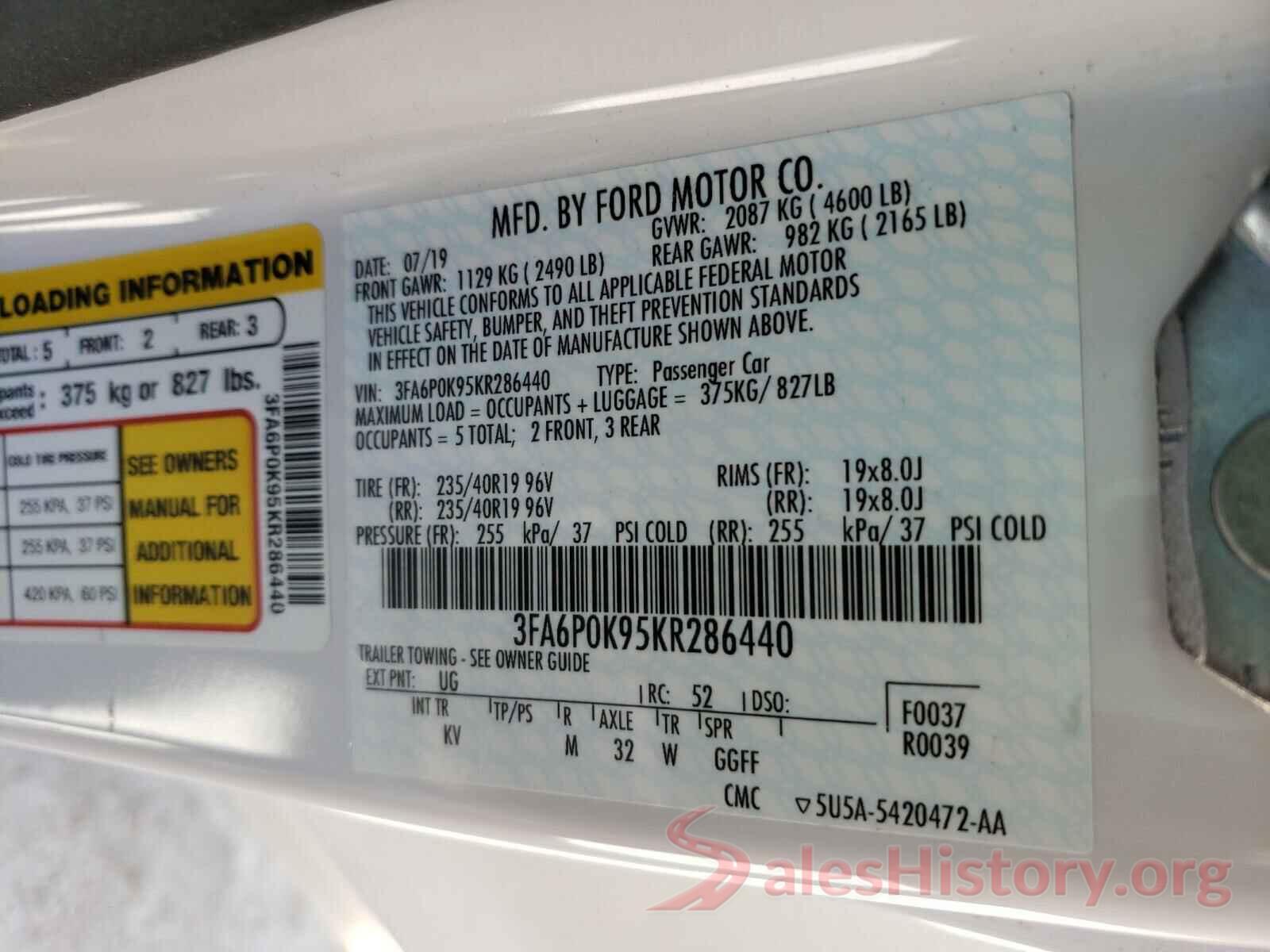 3FA6P0K95KR286440 2019 FORD FUSION