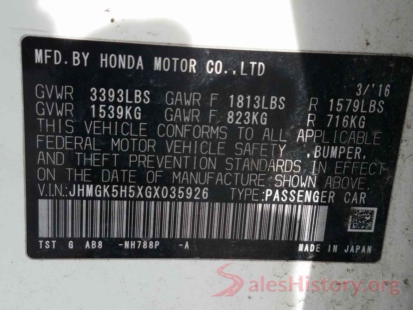 JHMGK5H5XGX035926 2016 HONDA FIT