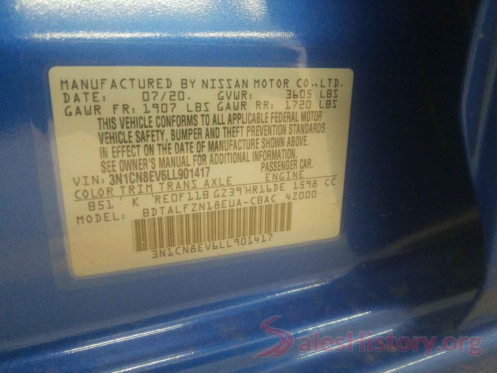 3N1CN8EV6LL901417 2020 NISSAN VERSA