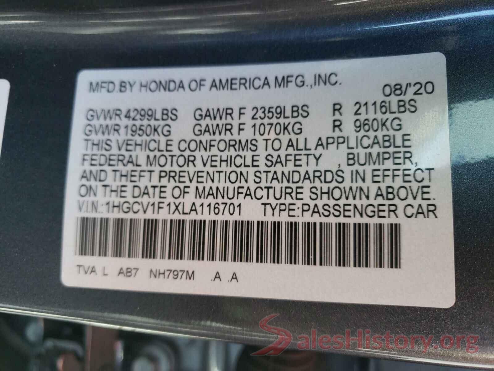 1HGCV1F1XLA116701 2020 HONDA ACCORD