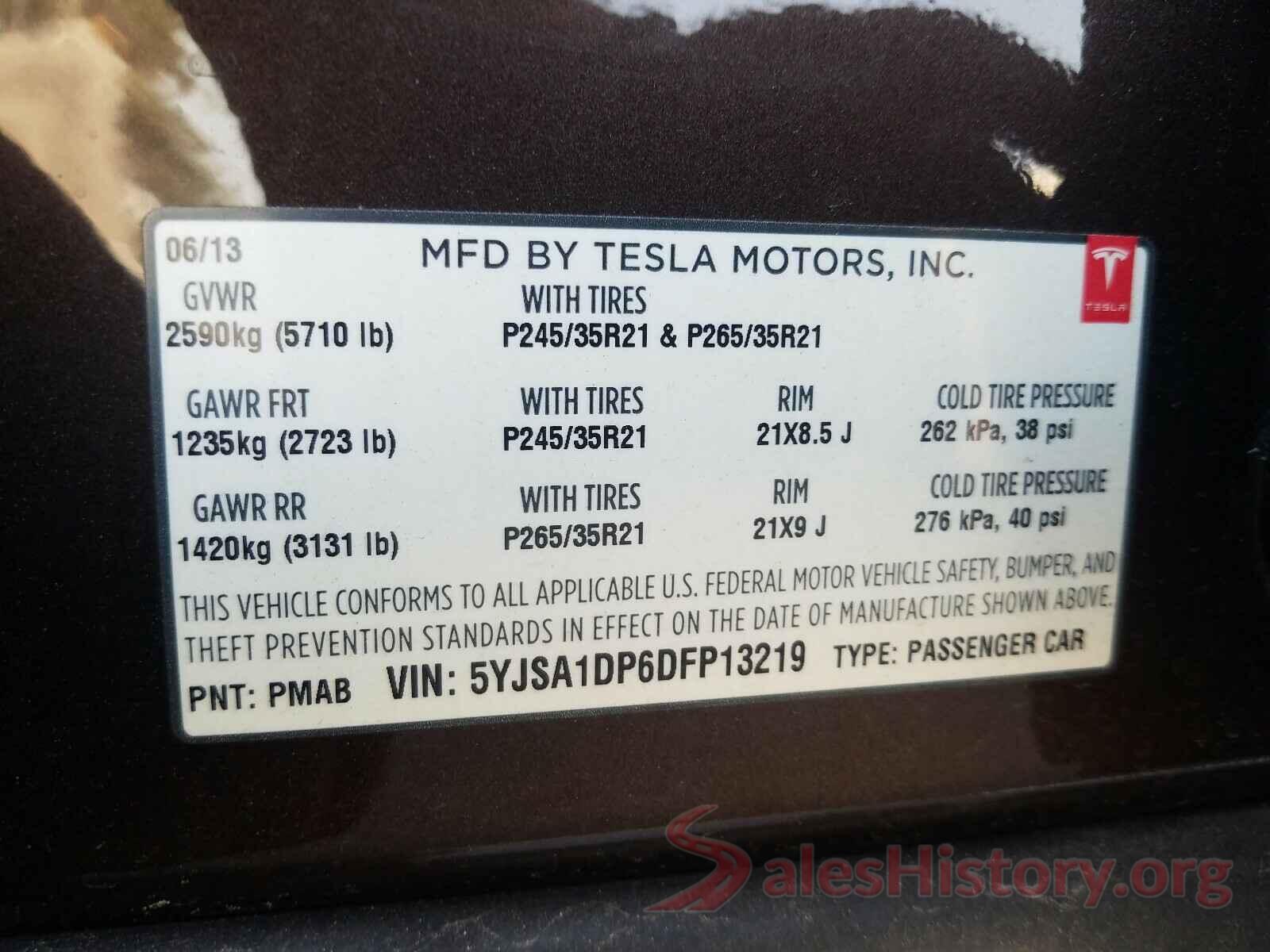 5YJSA1DP6DFP13219 2013 TESLA MODEL S